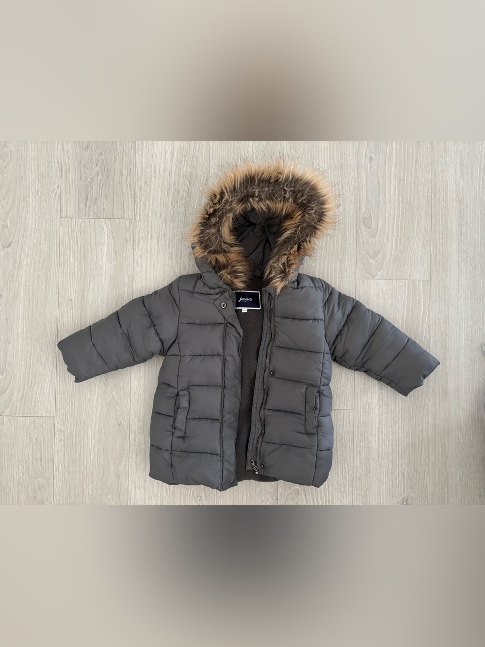 Jacadi Gray Quilted Puffer Jacket with Faux Fur Trim